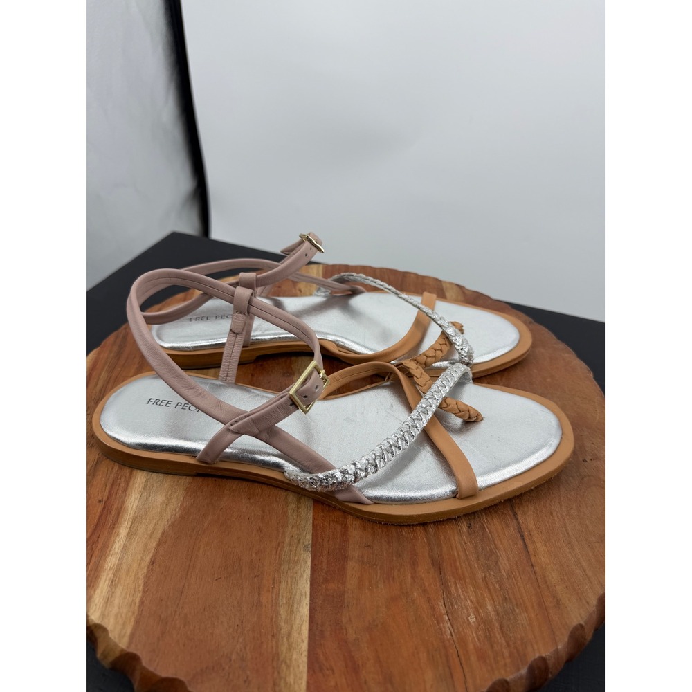 Free People sunny days Sandal Women 8.5 Tan Silver Braided Strappy Flat Toe Loop